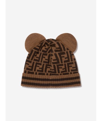 Fendi Kids Wool Beanie Hat With Ears in Brown l'achat 