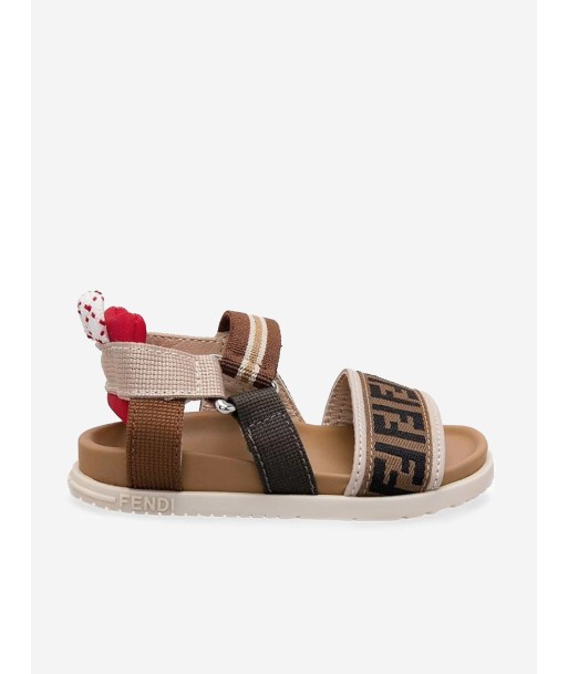 Fendi Kids Leather And Fabric FF Logo Sandals in Beige de pas cher