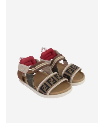 Fendi Kids Leather And Fabric FF Logo Sandals in Beige de pas cher