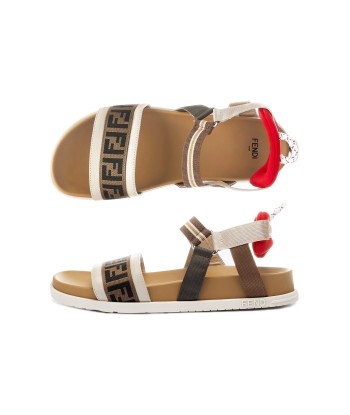 Fendi Kids Leather And Fabric FF Logo Sandals in Beige de pas cher