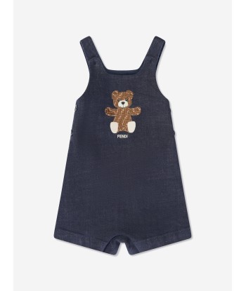 Fendi Baby Bear Denim Short Dungarees in Blue pas cher