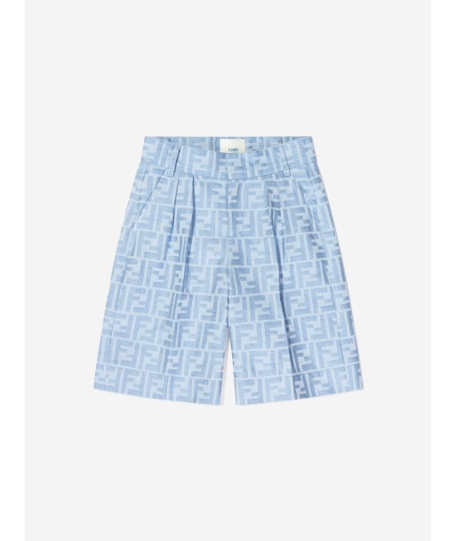 Fendi Boys Linen FF Jacquard Bermuda Shorts in Blue pas cher 