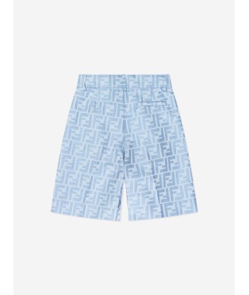 Fendi Boys Linen FF Jacquard Bermuda Shorts in Blue pas cher 