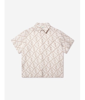 Fendi Boys Short Sleeve Linen Logo Shirt in Ivory prix