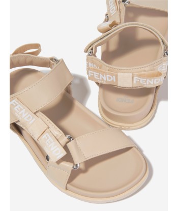 Fendi Girls Leather Jacquard Logo Sandals in Beige de France