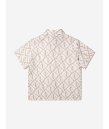 Fendi Boys Short Sleeve Linen Logo Shirt in Ivory prix