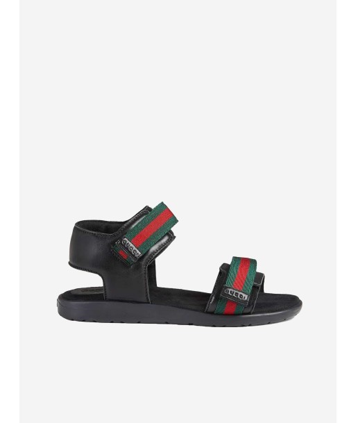 Gucci Kids Leather Sandal With Web in Black Pour