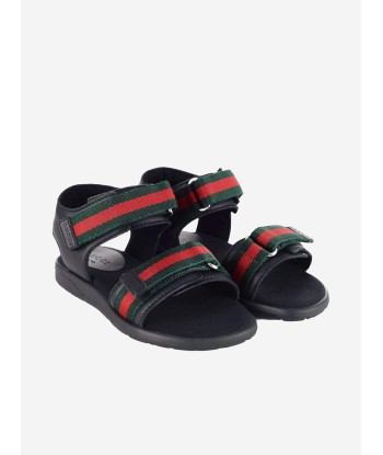 Gucci Kids Leather Sandal With Web in Black Pour