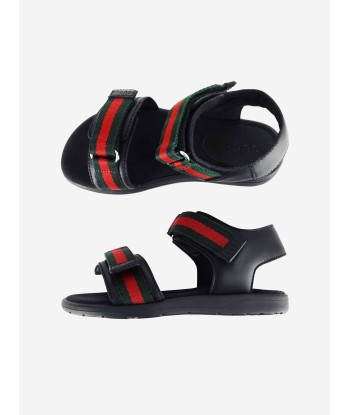 Gucci Kids Leather Sandal With Web in Black Pour