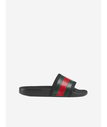 Gucci Kids Rubber Sliders With Web in Black 2023