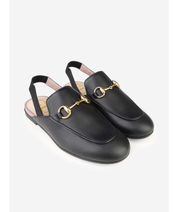 Gucci Kids Leather Princetown Loafer Slides in Black pas cher