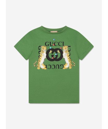 Gucci Kids Tiger Logo T-Shirt in Green commande en ligne