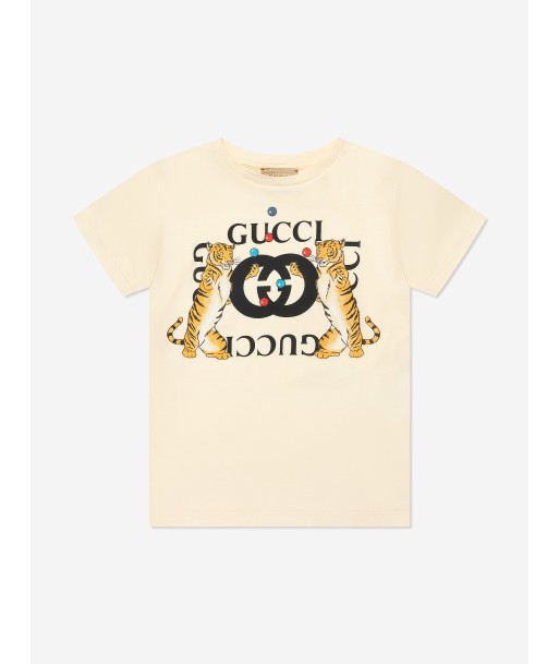 Gucci Kids Tiger Logo T-Shirt in Ivory Faites des économies