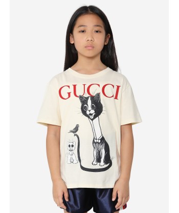 Gucci Kids Cat Print T-Shirt in Ivory Paris Déstockage Promo