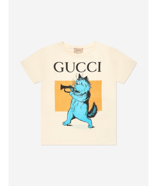 Gucci Kids Cat Print T-Shirt in Cream Paris Déstockage Promo