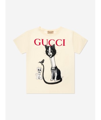 Gucci Kids Cat Print T-Shirt in Ivory Paris Déstockage Promo