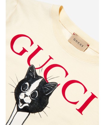 Gucci Kids Cat Print T-Shirt in Ivory Paris Déstockage Promo