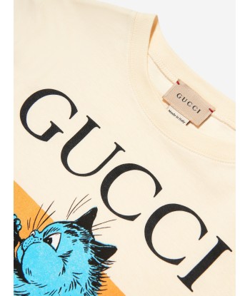 Gucci Kids Cat Print T-Shirt in Cream Paris Déstockage Promo