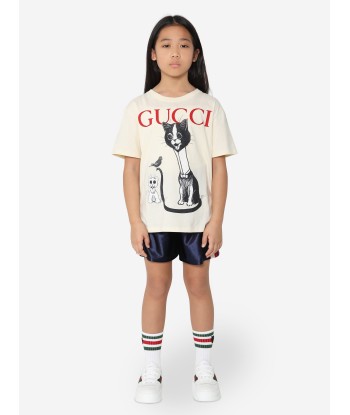 Gucci Kids Cat Print T-Shirt in Ivory Paris Déstockage Promo