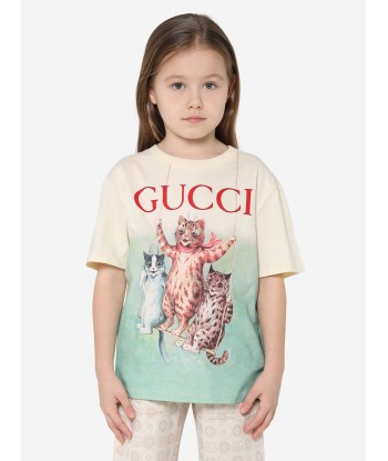 Gucci Girls Cat Print T-Shirt in Ivory de pas cher