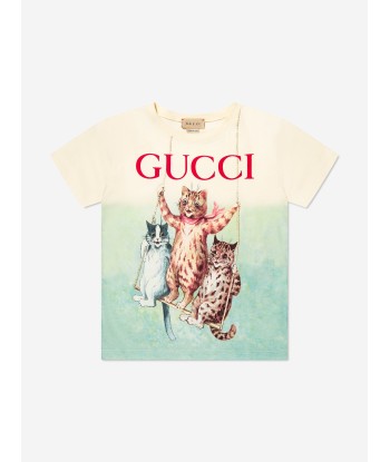 Gucci Girls Cat Print T-Shirt in Ivory de pas cher