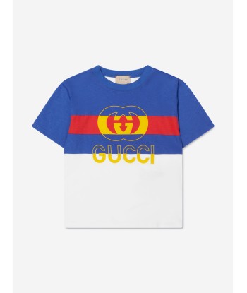 Gucci Boys Striped Logo T-Shirt in Blue À commander