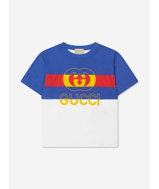 Gucci Boys Striped Logo T-Shirt in Blue À commander