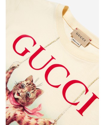 Gucci Girls Cat Print T-Shirt in Ivory de pas cher