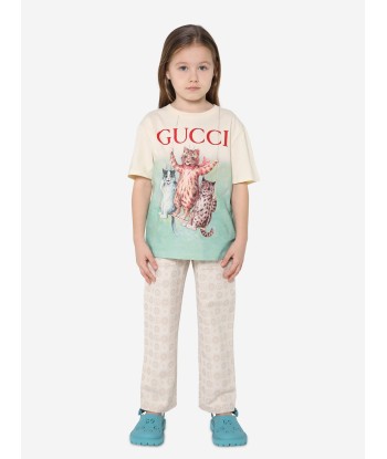 Gucci Girls Cat Print T-Shirt in Ivory de pas cher