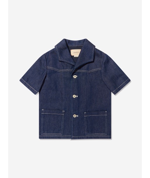 Gucci Kids Short Sleeve Denim Shirt in Blue pas cher 