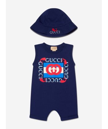 Gucci Baby Boys Romper And Hat Gift Set in Navy est présent 