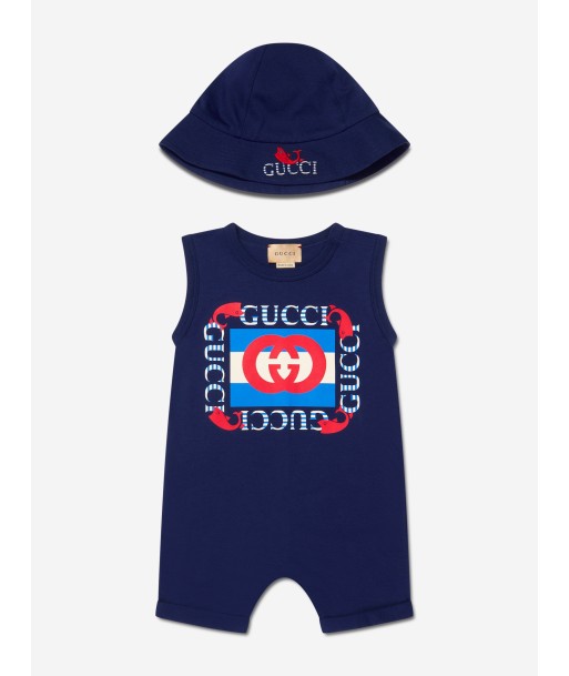 Gucci Baby Boys Romper And Hat Gift Set in Navy est présent 