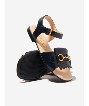 Gucci Girls Leather Horsebit Sandals in Navy de pas cher