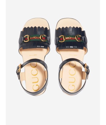 Gucci Girls Leather Horsebit Sandals in Navy de pas cher