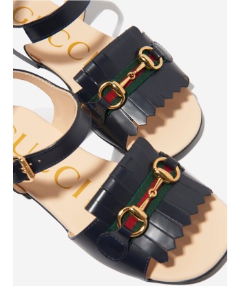 Gucci Girls Leather Horsebit Sandals in Navy de pas cher