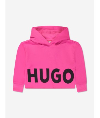 Hugo Girls Logo Print Cropped Hoodie in Pink Amélioration de cerveau avec