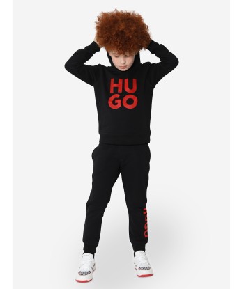 Hugo Boys Organic Cotton Logo Print Hoodie in Black 2024