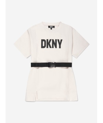 DKNY Girls Logo Print Dress With Belt in White vous aussi creer 