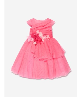 Marchesa Girls Draped Bodice Flower Embellished Tulle Gown in Pink brillant des détails fins