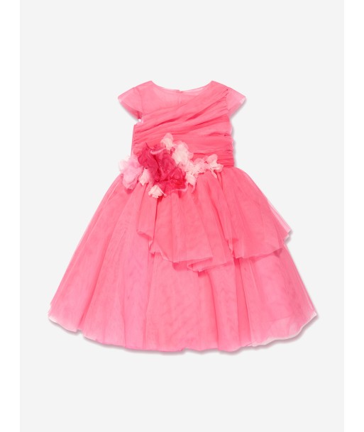 Marchesa Girls Draped Bodice Flower Embellished Tulle Gown in Pink brillant des détails fins