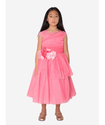 Marchesa Girls Draped Bodice Flower Embellished Tulle Gown in Pink brillant des détails fins