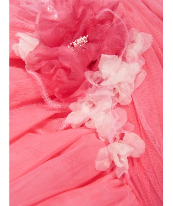 Marchesa Girls Draped Bodice Flower Embellished Tulle Gown in Pink brillant des détails fins