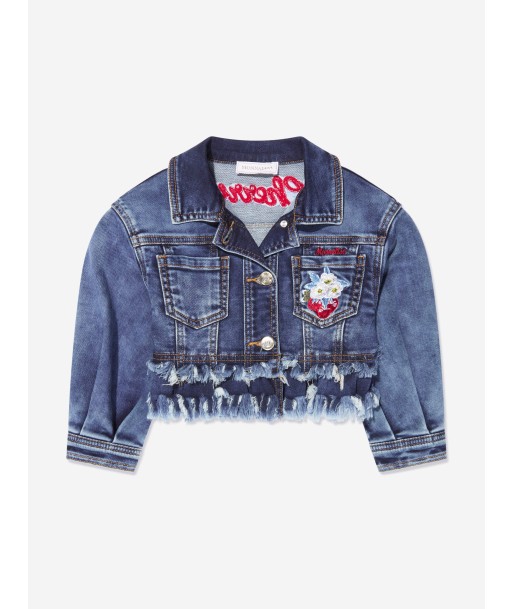 Monnalisa Girls Embroidered Cherries Denim Jacket In Blue commande en ligne