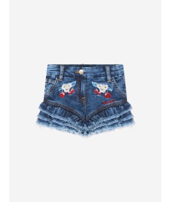 Monnalisa Girls Embroidered Cherry Denim Shorts In Blue le concept de la Pate a emporter 