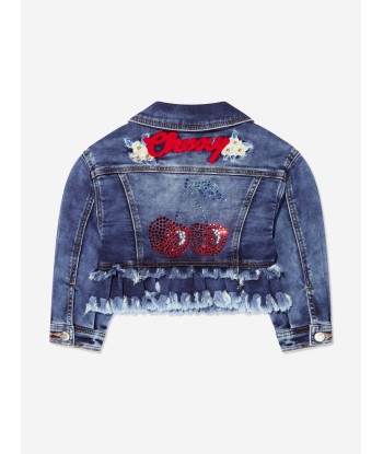 Monnalisa Girls Embroidered Cherries Denim Jacket In Blue commande en ligne