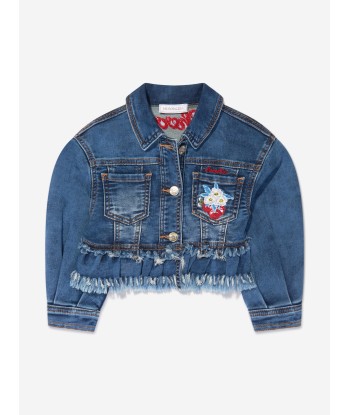 Monnalisa Girls Embroidered Cherries Denim Jacket In Blue commande en ligne