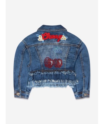 Monnalisa Girls Embroidered Cherries Denim Jacket In Blue commande en ligne