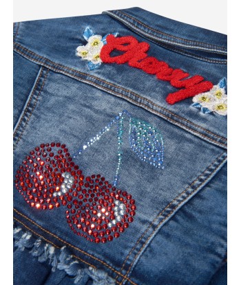 Monnalisa Girls Embroidered Cherries Denim Jacket In Blue commande en ligne