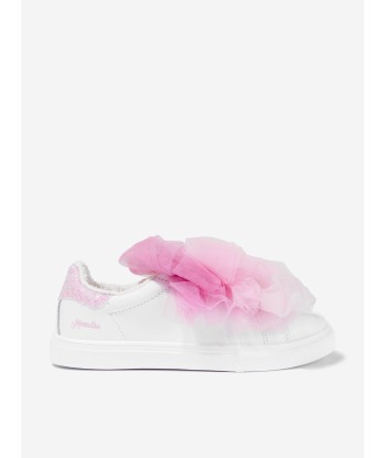 Monnalisa Girls Leather And Tulle Bow Trainers In White livraison et retour toujours gratuits