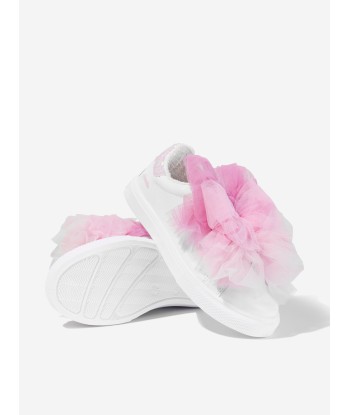 Monnalisa Girls Leather And Tulle Bow Trainers In White livraison et retour toujours gratuits